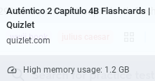 A screenshot of a Chrome tab, "Auténtico 2 Capitulo 4B Flashcards | Quizlet" which is using 1.2 GB of memory